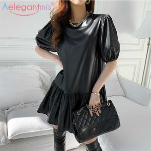 Aelegantmis Koreaanse mode Puff Slee Women Black PU Lederen geplooide mini-jurk stijlvolle ins vrouw 210607