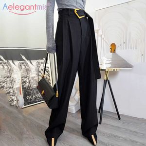 Aelegantmis losse casual vrouwen lange broek effen zwart wit pak met riem kantoor dame wijde been dames werk broek 210607