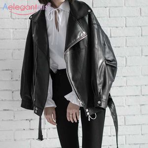 Aelegantmis Loose Women Soft Faux Leather Jacket con cinturón Black Pu Biker Lady Basic Coat Street Casual Outerwear 210607