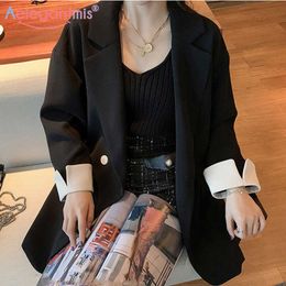 Aelegantmis Office Lady Casual Blazer Femmes Solide À Manches Longues Blazers Vestes Dames Entaillé Col Rabattu Costume De Travail Manteau 210607