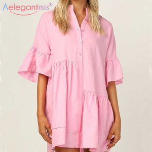 Aelegantmis roze onregelmatige shirt jurk voor vrouwen vlinder mouw Korea chique mini jurken casual gevlochten edge vestido de mujer 210607