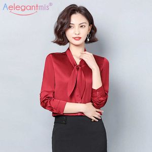 Aelegantmis Satin Office Dame Tops Elegante Vrouwen Losse Lange Mouw Plus Size Blouse Vrouwelijke Leisure Shirts Dames Casual 210607