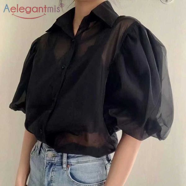 Aelegantmis Sexy noir lanterne manches mince chemisier chemises femmes solide conception moitié coréen Chic Blouses Streetwear BF 210607