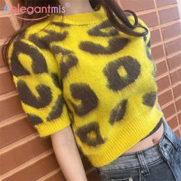 Aelegantmis Korte mouw Leopard Cropped Pullover Dames Streetwear Vrouwelijke Slanke Gebreide Sweater Mohair Spring Korean 210607