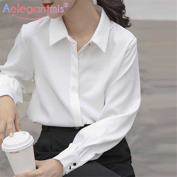 Aelegantmis Soft Office Lady Camisa blanca para mujer Blusa Turn-down Collar OL Mujer Botón cubierto Diseño Femme Tops 210607
