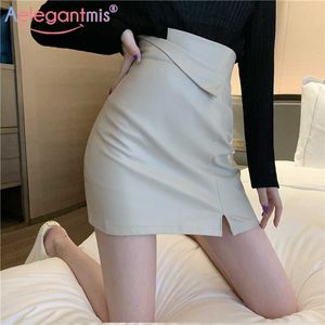 Aelegantmis Split Design Slim Sexy Femmes Solide High Wasit PU Jupe en cuir Mini Mode Bureau élégant Femme Une ligne 210607