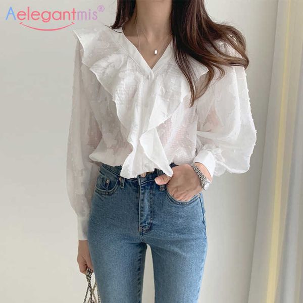 Aelegantmis primavera otoño elegante camisa blanca de gasa para mujer con cuello en V con volantes Casual Tops señoras blusa holgada elegante suelta 210607