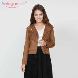 Aelegantmis Lente Herfst Jassen Dames Suede Jassen Motorfiets Biker Bruin Lederen Jas Vrouwelijke Tassel Harajuku Bovenkleding 210607