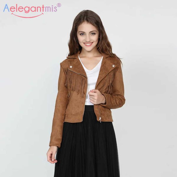 Aelegantmis printemps automne manteaux femmes daim vestes moto motard marron cuir veste femme gland Harajuku vêtements d'extérieur 210607