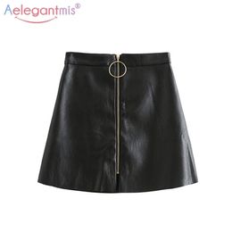 Aelegantmis Spring Summer Casual PU Jupe en cuir Femmes Élégant Zipper Mini A-Line Jupe Lady Skinny Taille Haute Jupes Noir 210310