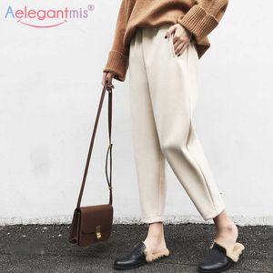 Aelegantmis Printemps Épaissir Femmes Crayon Pantalon Plus Taille Laine Femme Taille Haute Pantalon Lâche OL Style Costume De Travail 210607