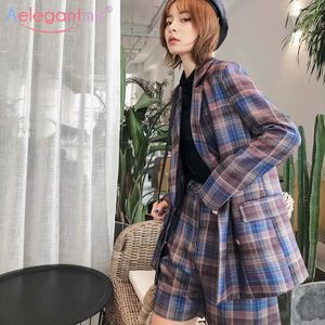 Aelegantmis Spring Dames Plaid Blazer Jas Kantoor Dame Werkpak Jas Klepte Zakken Casual Blazers Vrouwelijke Losse Uitloper 210607