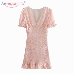 Aelegantmis Sweet Gedrukt Folds Slanke Mini Jurk voor Vrouwen Sexy Puff Sleeve V-hals Floarl Summer A Line Empire Chic Vestido 210607