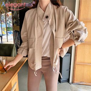 Aelegantmis Mince Manteau Casual Veste Femmes Élégant Coréen Lâche Femme Turn Down Collier Simple Boutonnage Streetwear Vintage 210607