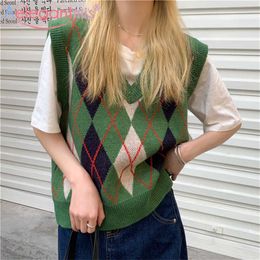 Aelegantmis Vintage Argyle Chandail Gilet Femmes Coloré Tricoté Coréen Lâche Casual Plaid Sans Manches Pulls Femme Kawaii 210607