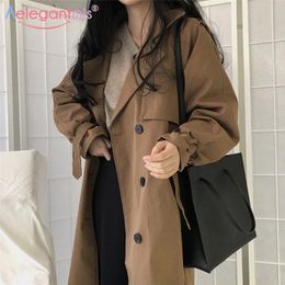 Aelegantmis vintage lâche trench manteau femmes coréen décontracté long survêtement avec ceinture mode double boutonnage coupe-vent femme ol w4pg