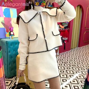 Aelegantmis vintage tweedelige outfits vrouwen casual lange mouw jassen en mini-rok sets lente witte set jassen 210607