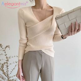Aelegantmis Vintage col en V tricoté pull femmes côtelé croisé pulls Sexy mince doux solide pulls coréen femme Chic 210607