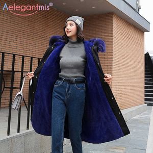 Aelegantmis hiver à capuche longue doudoune femmes chaud épais manteau de fourrure Parkas femme neige Outwear coton rembourré vestes 210607