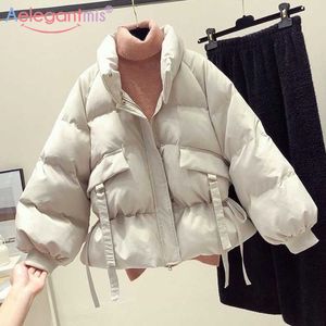 Aelegantmis femmes hiver Parka veste manteau femmes ample grande taille chaud pain manteaux court femme Parkas dame col montant Outwear 210607