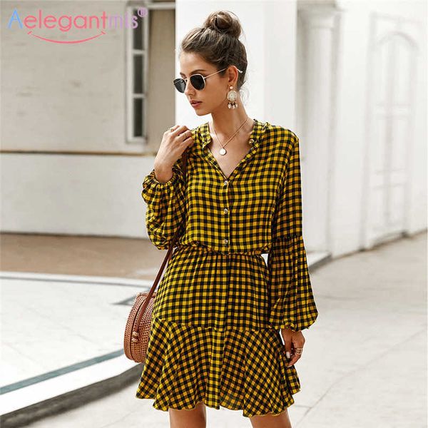 Aelegantmis Femmes Sexy Col V Chemise Robe Plaid Imprimer Lanterne À Manches Longues Été Taille Haute Slim Dames es Robe Rouge 210607