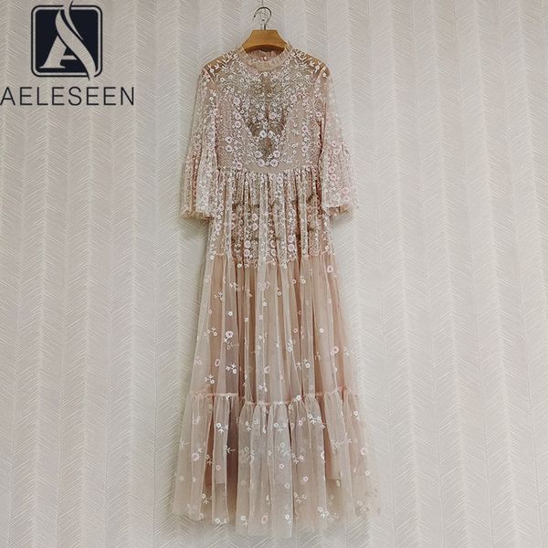 AELESEEN Designer Fashion Maxi Dress Runway manches longues évasées à volants luxe perles paillettes maille fleur broderie robes 220518
