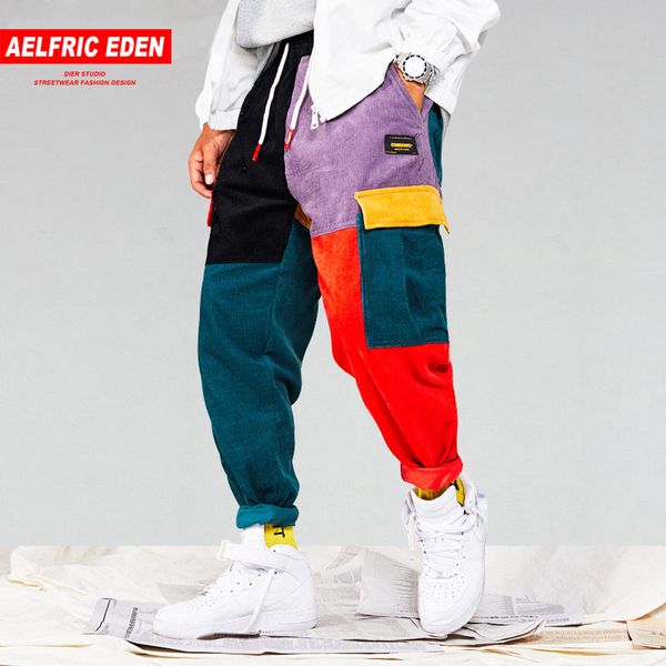 Aelfric Eden hommes velours côtelé Patchwork poches Cargo pantalon 2018 Harem Joggers Haruku pantalons de survêtement Hip Hop Streetwear pantalon UR51