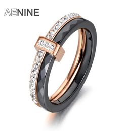 Aenine 2 couches Blackwhite Ceramic Crystal Wedding Bings Bijoux pour les femmes Girls Rose Gold en acier inoxydable Engagement AR180549285538