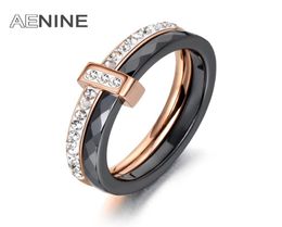 Aenine 2 couches Blackwhite Ceramic Crystal Mariage Anneaux Bijoux pour les femmes Girls Rose Gold en acier inoxydable Engagement AR180549719187