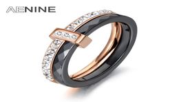 Aenine 2 capas Blackwhite Ceramic Crystal Rings Wedding Welyry for Women Girls Gold Gold de acero inoxidable AR180542083464