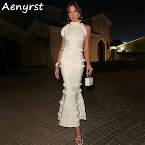 Aenryst-vestidos de noche elegantes de satén, sirena, cuello alto, volantes, vestido de fiesta ajustado, largo hasta el té, 2024, 240227