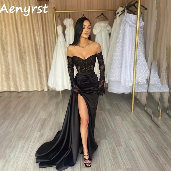 Aenyrst Sexy noir chérie robes de bal sirène côté fendu Satin dentelle robes de soirée longueur de plancher robe de soirée pour les femmes 240227