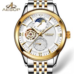 Aesop Moon Phase Watch Men Automatic Mechanical Watch Fashion Gold Pols horloges polshorloge mannelijke klok mannen relogio masculino 285U