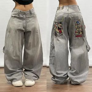 Esthetische gotische patroon borduurwerk casual hoge taille jeans y2k baggy Koreaanse streetwear dames punk rock broek herfst en winter 240227