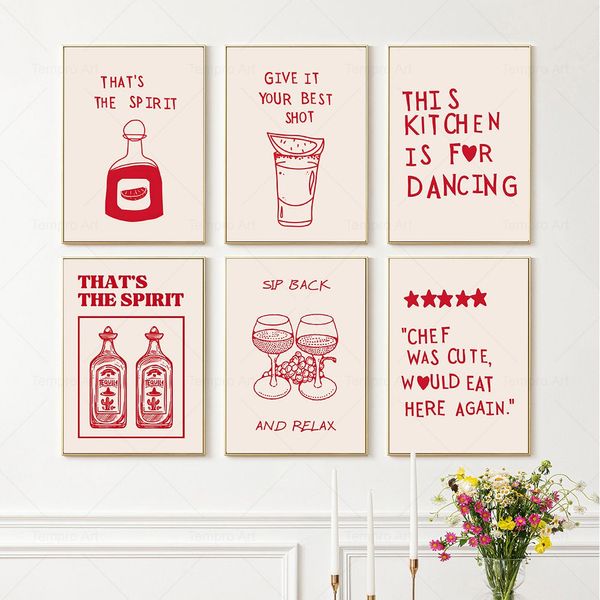 Cocina estética linda cocina arte de pared de la pared decoración del corazón minimalista cita roja póster bebidas impresiones estampados de lona pintura