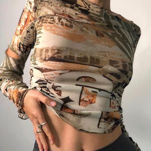 Esthétique Y2K Kaki Crop Tops Chemise Vintage Femmes Sexy Slim Bodycon Coréen Manches Longues Col Roulé Gothique Streetwear Indie Femmes T-Shir