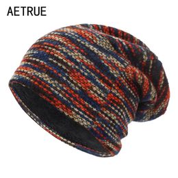 AETRUE Tricoté Chapeau Femmes Skullies Bonnets Chapeaux D'hiver Pour Hommes Bonnet Rayé Caps Chaud Baggy Doux Femme Laine Homme Bonnet Chapeau Y201024