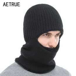 AETRUE Chapeau d'hiver Chapeau tricoté Hommes Femmes Masque Écharpe Skullies Bonnets Chapeaux pour Hommes Cagoule Chaude Fourrure Douce Laine Bonnet Cap Chapeaux Y201024