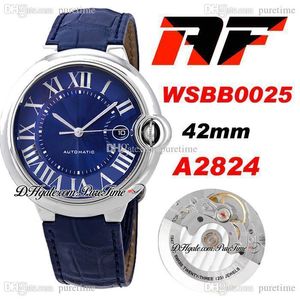 AF V4 WSBB0025 42mm A2824 Montre automatique pour homme Cadran bleu Texture Argent Marqueurs romains Bracelet en cuir de veau Super Edition 2021 Montres Puretime