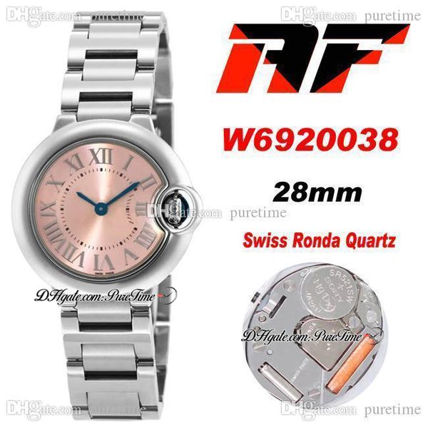 AF W6920038 28 mm Swiss Ronda Reloj de cuarzo para mujer Esfera rosa Marcadores romanos plateados Pulsera de acero inoxidable Super Edition 2021 Relojes para mujer Puretime