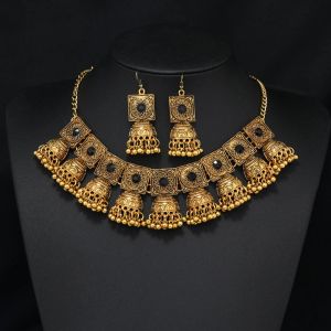Declaración de color de oro tribal afgano collar de collar de cuello indio conjuntos de aretes geométricos collares de moneda de campana geométrica