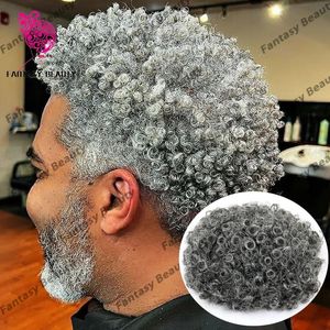 Afo Hommes Toupet Gris Bouclés Perruques de Cheveux Humains Remplacement Prothèse Capillaire Vlooped Base de Peau Mince Naturel Hairline 15mm Bouclés