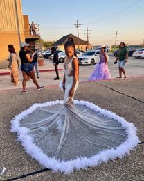 Afrcian argent sirène plumes robes de bal pour les femmes fête 2022 voir à travers dentelle paillettes robes de soirée filles noires robe de soirée