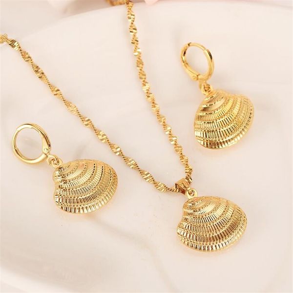 Afrique 14K jaune fin or massif GF mignon coquille collier boucles d'oreilles à la mode femmes hommes bijoux charme pendentif chaîne Animal chanceux Jewelr220v