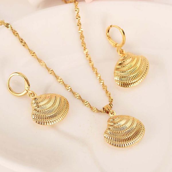 Afrique 18 k Jaune Or Massif G mignon coquille Permanent Collier boucles d'oreilles À La Mode Femmes Bijoux Charme Pendentif Chaîne Animal Chanceux