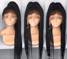 Afro American Box Trenzas Peluca de cabello Peluca frontal de encaje Densidad 200 Peluca de encaje de cabello sintético de color negro para mujeres negras Shippp5784423