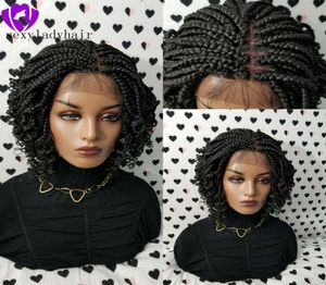 Africa American Women Braids Style Handmade Full Box Braid Wig Black Brownombre Color Short Blaided Lace Front Pruik met Curly EN2469641