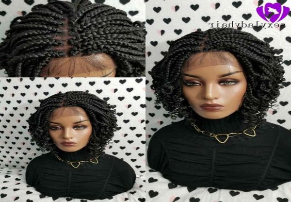 Mujeres afroamericanas trenzas estilo hecho a mano caja llena peluca trenzada color marrón oscuro peluca delantera de encaje trenzado corto con rizado En9630339