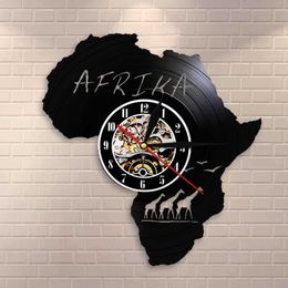 Afrika Dieren Wildlife Nature Giraffe Vinyl Wandklok Art Nursery Wall Decor Hanging Vinyl Record Time Clock Unieke Gift 210724