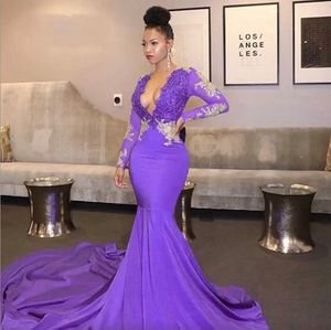 Africa Black Girl Purple Prom Dresses 2023 Sexy Deep V Neck kralen Lace Appliques avondjurk lange mouwen formeel feestjurk